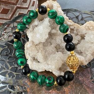 Handmade Malachite & Black Obsidian Bracelet